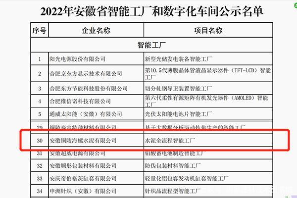 铜陵海螺入选2022年安徽省智能工厂